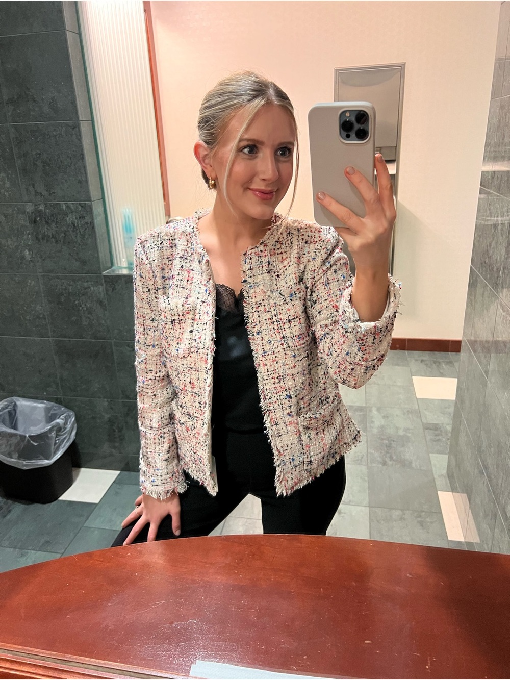 Ann Taylor White Multi Tweed Fringe Open-Front Jacket